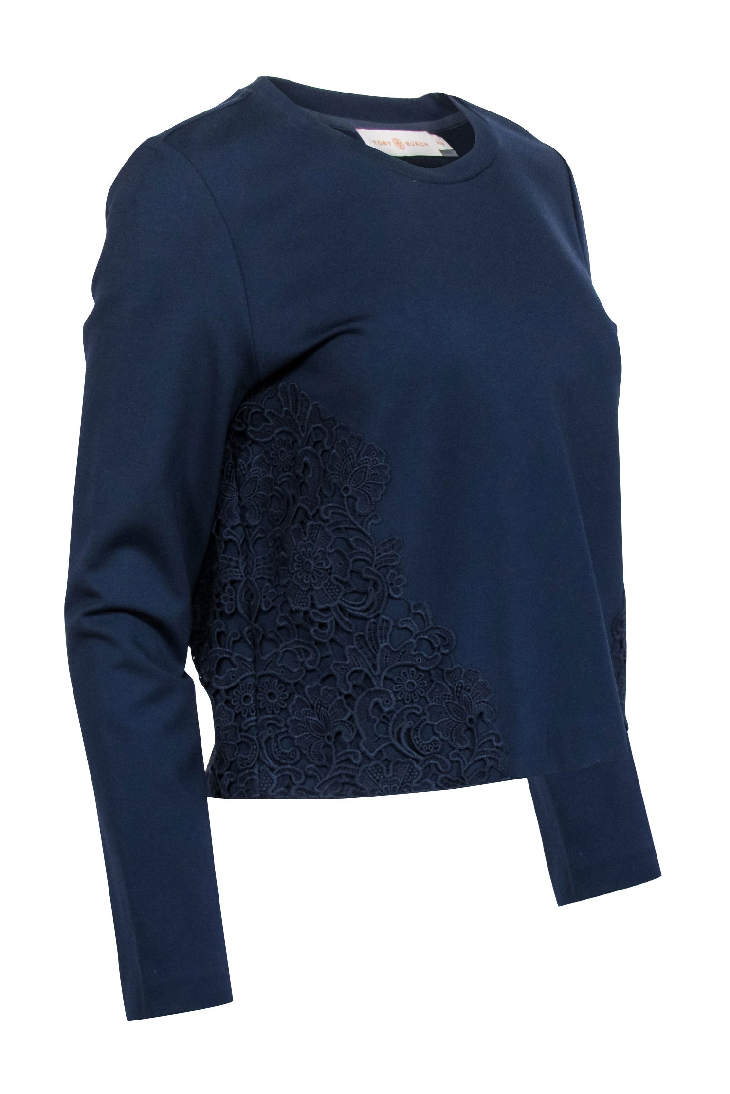 Tory Burch - Navy Cropped Sweatshirt w/ Floral Lace Applique Sz M