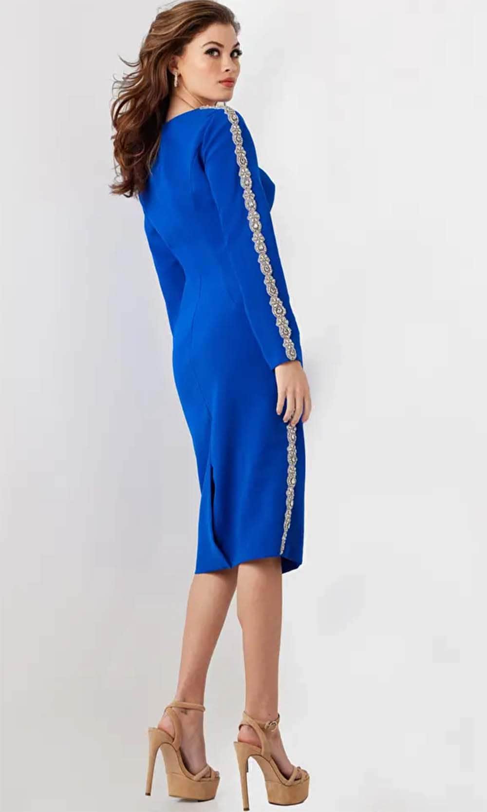 Jovani 24192 - Embellished Side Long Sleeve Knee-Length Dress