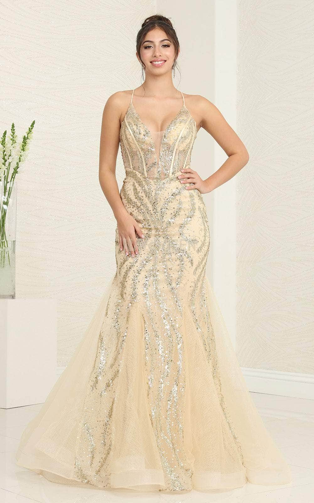 May Queen RQ8078 - Sequin Embellished Crisscross Back Prom Gown