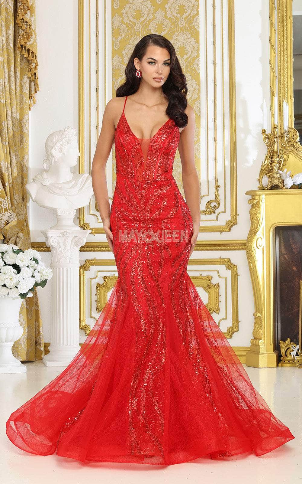 May Queen RQ8078 - Sequin Embellished Crisscross Back Prom Gown