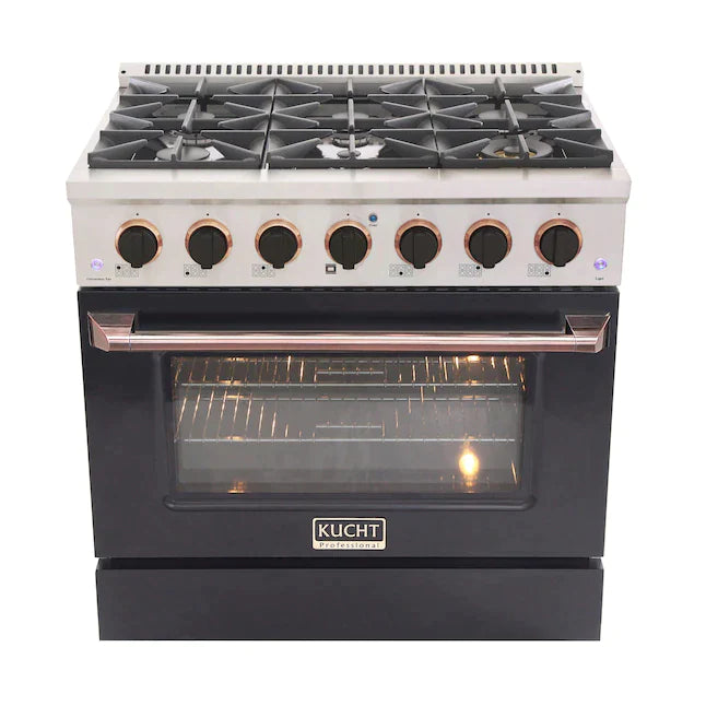 Kucht Signature 36-Inch Gas Range in Black with Black Knobs & Rose Gold Handle (KNG361-K-ROSE)