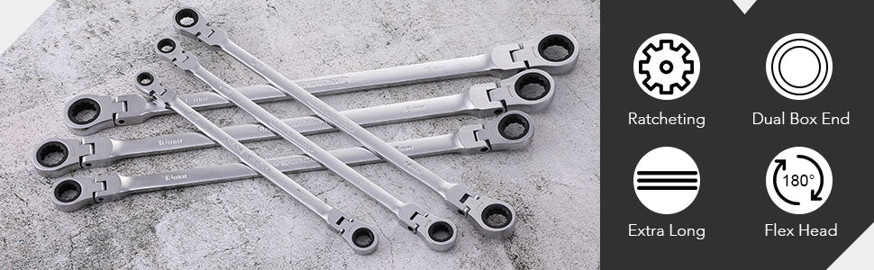Extra Long Flex-Head Ratcheting Box End Wrench Set