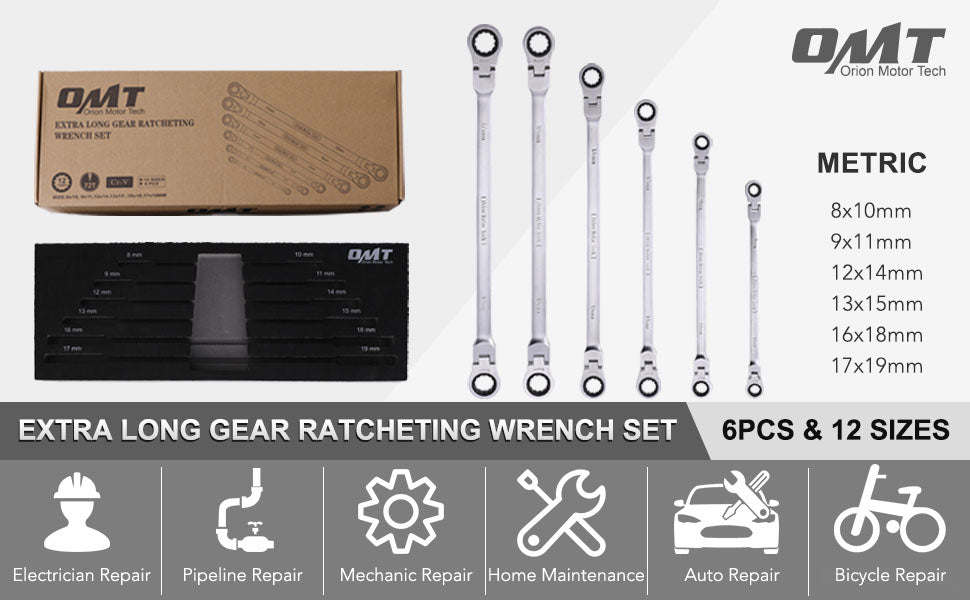 Extra Long Gear Ratcheting Wrench Set