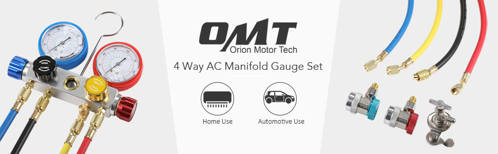 AC Gauge Set 4 Valve for R134A R410A R22, 5FT - Orion Motor Tech