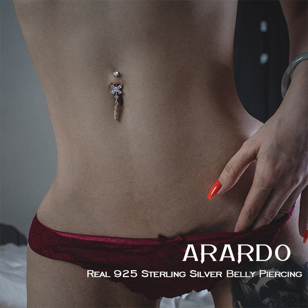 Arardo 925 Sterling Silver Dangle Butterfly Belly Rings SS14 Navel Rings Piercing