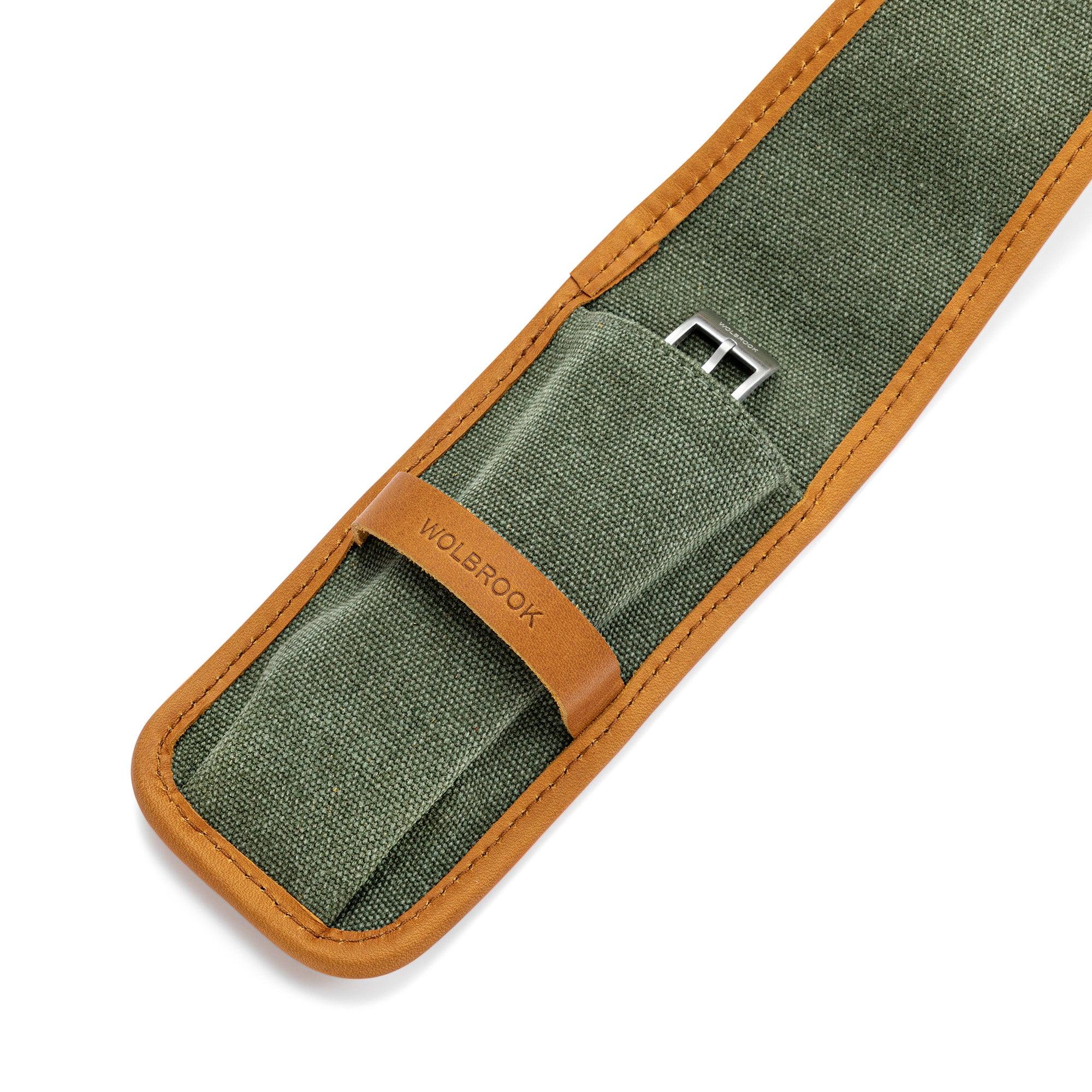 Green Canvas & Brown Leather Single Watch Pouch