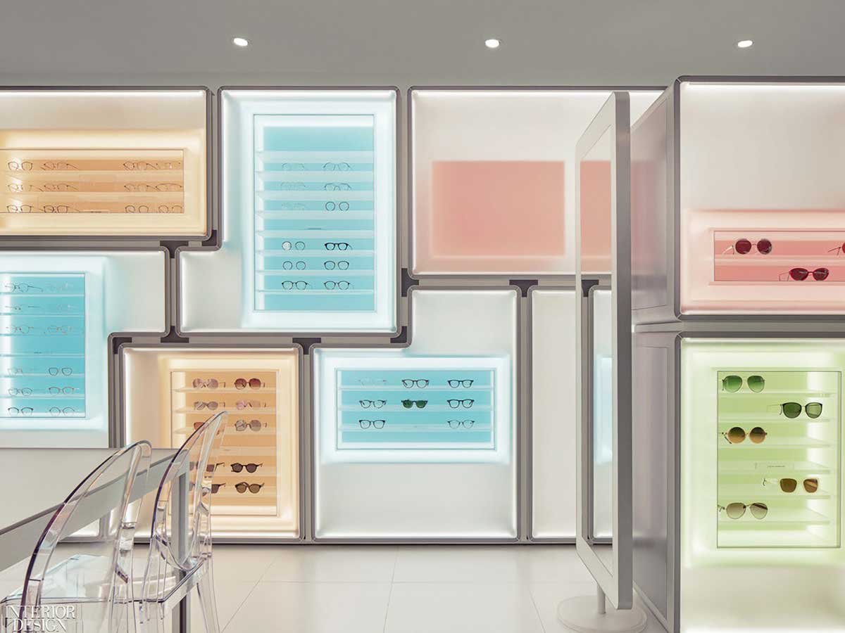 The colored display cases ensure customers' eyes are drawn to the glasses