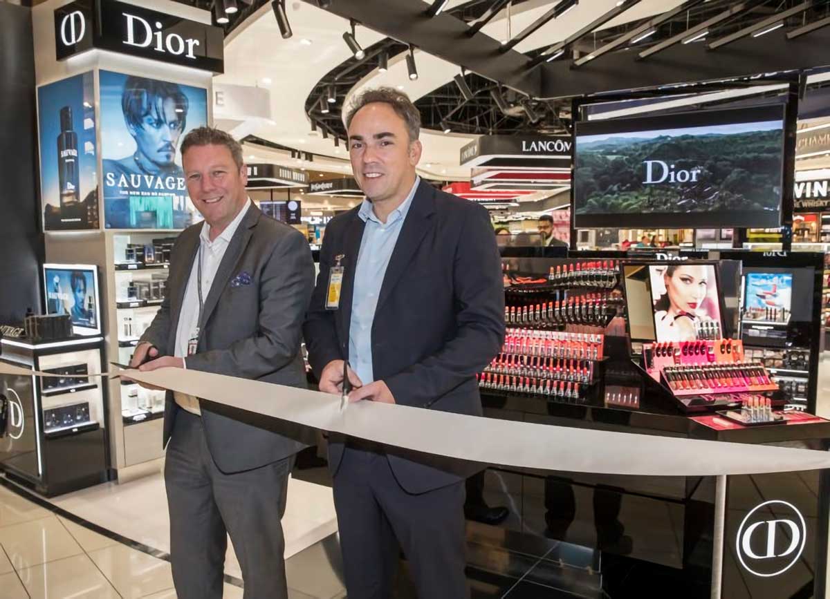 Dior Senior Vice President of Travel Retail Olivier Dubos (right) and The Loop Duty Free New Zealand General Manager Tom Byrne officially open the new Dior display