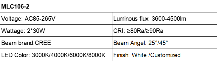 MLC106 2x30W COB RECESSED DOWNLIGHT AC85-265V product attribute table