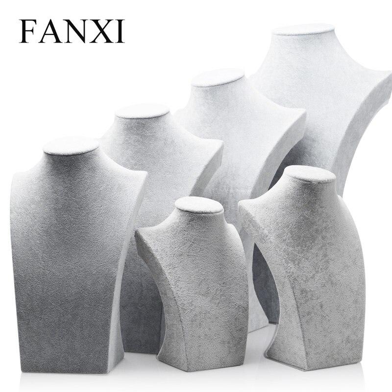 FANXI Elegant Silver Gray Color Velvet Jewelry Bust Stand Necklace Pendant Chain Hanger Display for Counter Neck Stands Display
