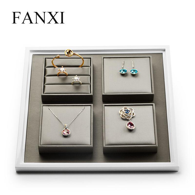 FANXI  PU Leather Jewelry Display Tray with Solid Wood Champagne Ring Necklace Bangle Earring Display Stand Organizer Showcase