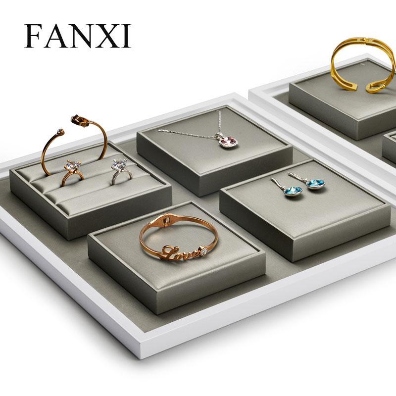 FANXI  PU Leather Jewelry Display Tray with Solid Wood Champagne Ring Necklace Bangle Earring Display Stand Organizer Showcase