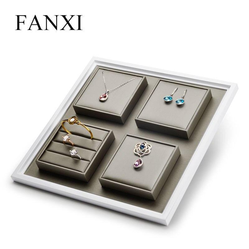 FANXI  PU Leather Jewelry Display Tray with Solid Wood Champagne Ring Necklace Bangle Earring Display Stand Organizer Showcase