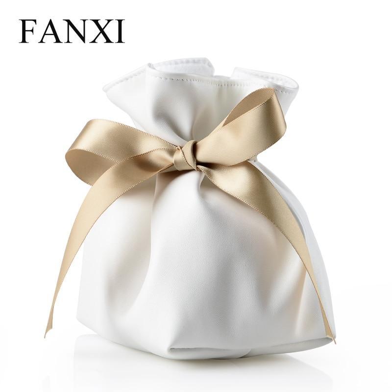 FANXI  White PU Leather Jewelry Bag Gift Pouch with Pillow for Bracelet/Hand Chain /Watch Display with Great Bowknot