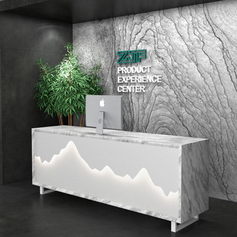 LED illuminated Modern White Marble Reception Desk for Nail Salon in Black White Marble Laminated Cash Counter