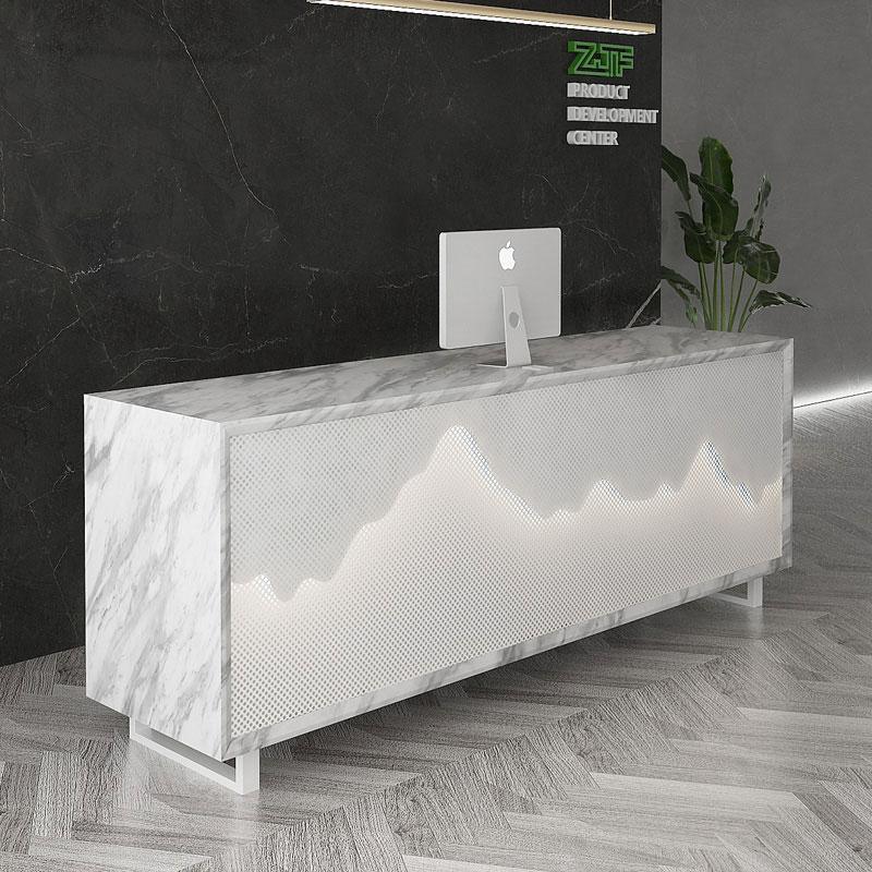 LED illuminated Modern White Marble Reception Desk for Nail Salon in Black White Marble Laminated Cash Counter