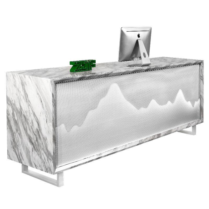 LED illuminated Modern White Marble Reception Desk for Nail Salon in Black White Marble Laminated Cash Counter