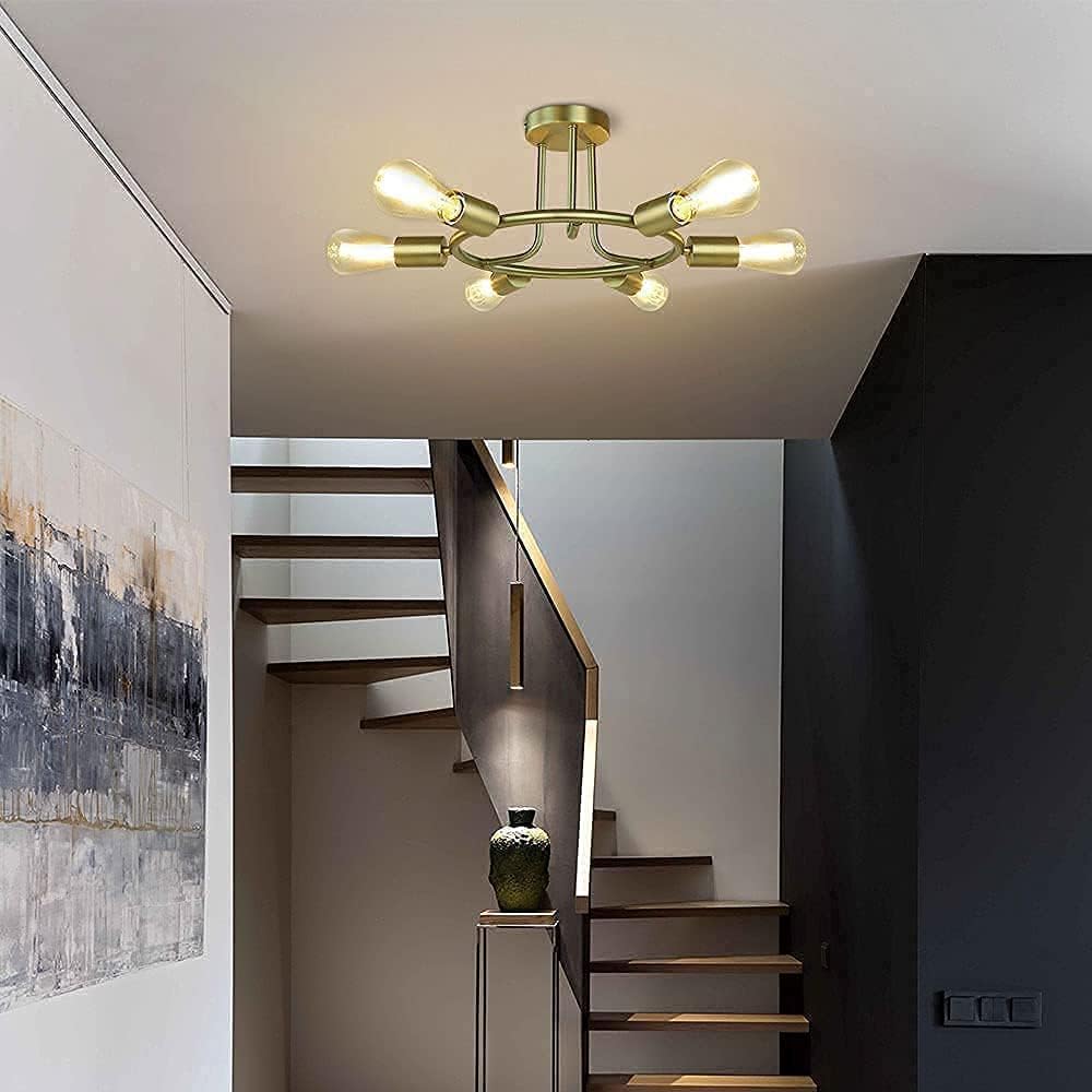 Modern Golden Metal Sputnik-Style Ceiling Light Fixture with 6-Bulbs
