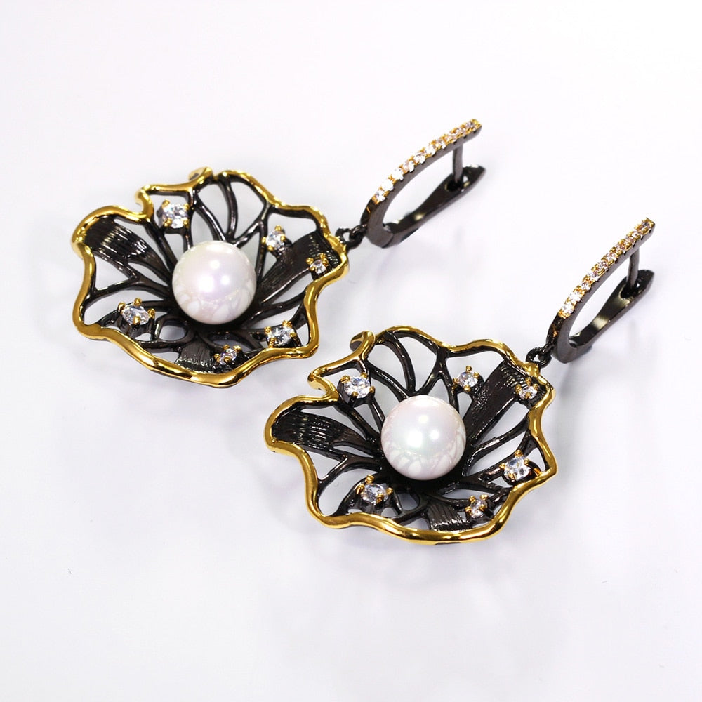 Lotus Flower Earrings Hollow Created Pearl Black Gold Color Earrings