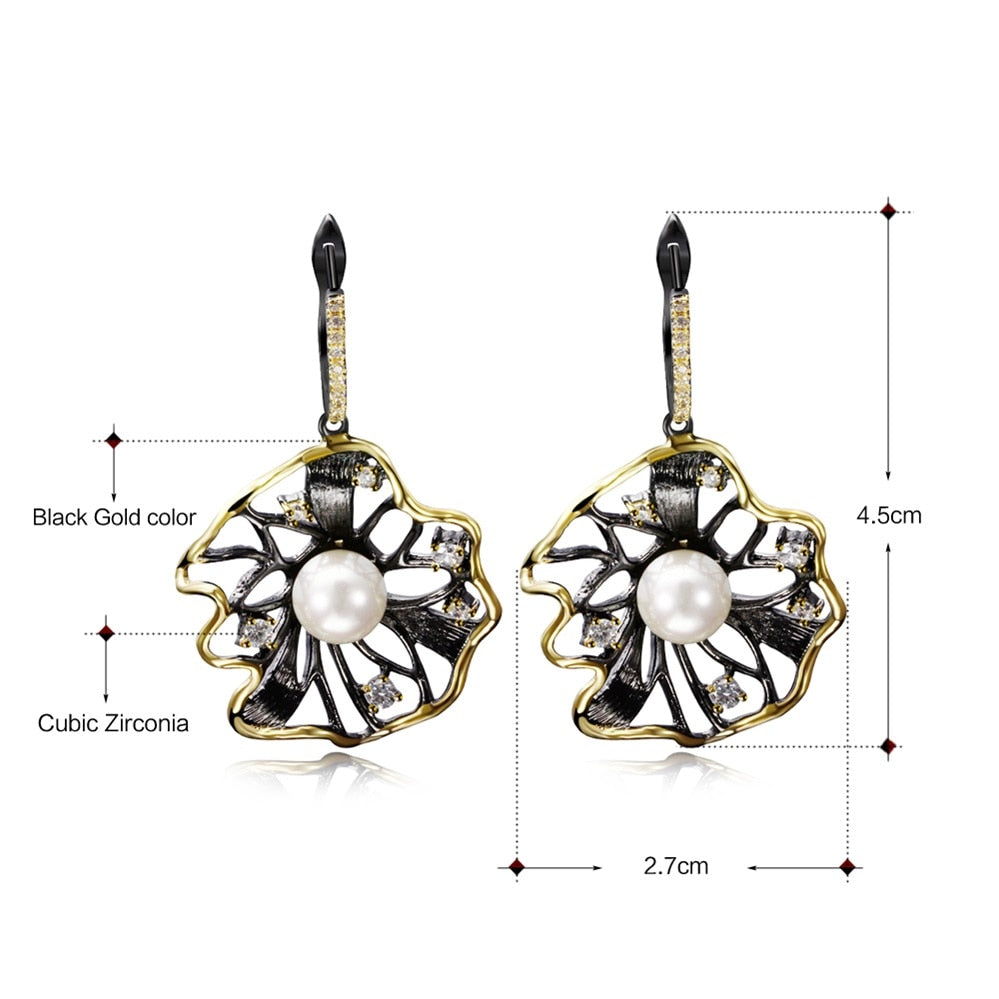 Lotus Flower Earrings Hollow Created Pearl Black Gold Color Earrings