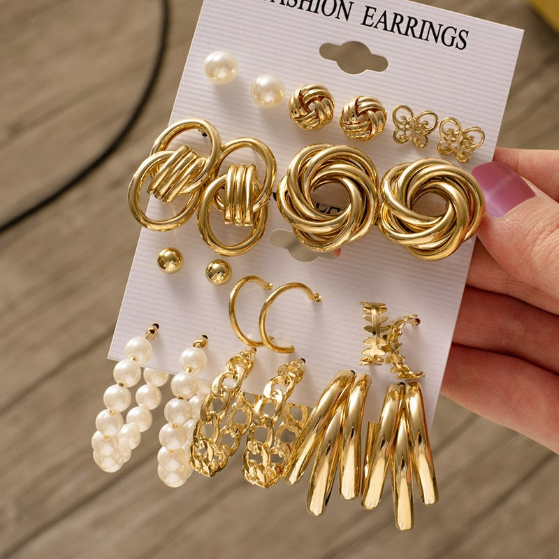 Woman Earrings Set Gold Color Metal Earrings For Women Hoop Earrings