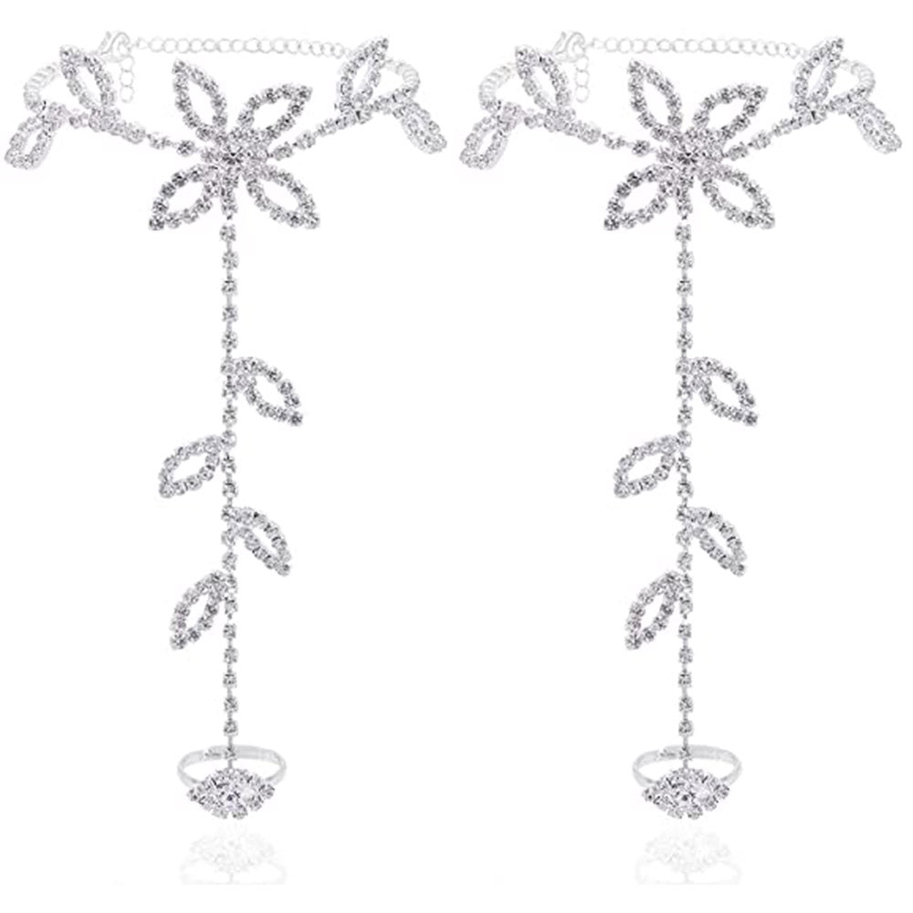 2Pcs Set Rhinestone Leaf Finger Anklet for Women Leaf Harness Anklet