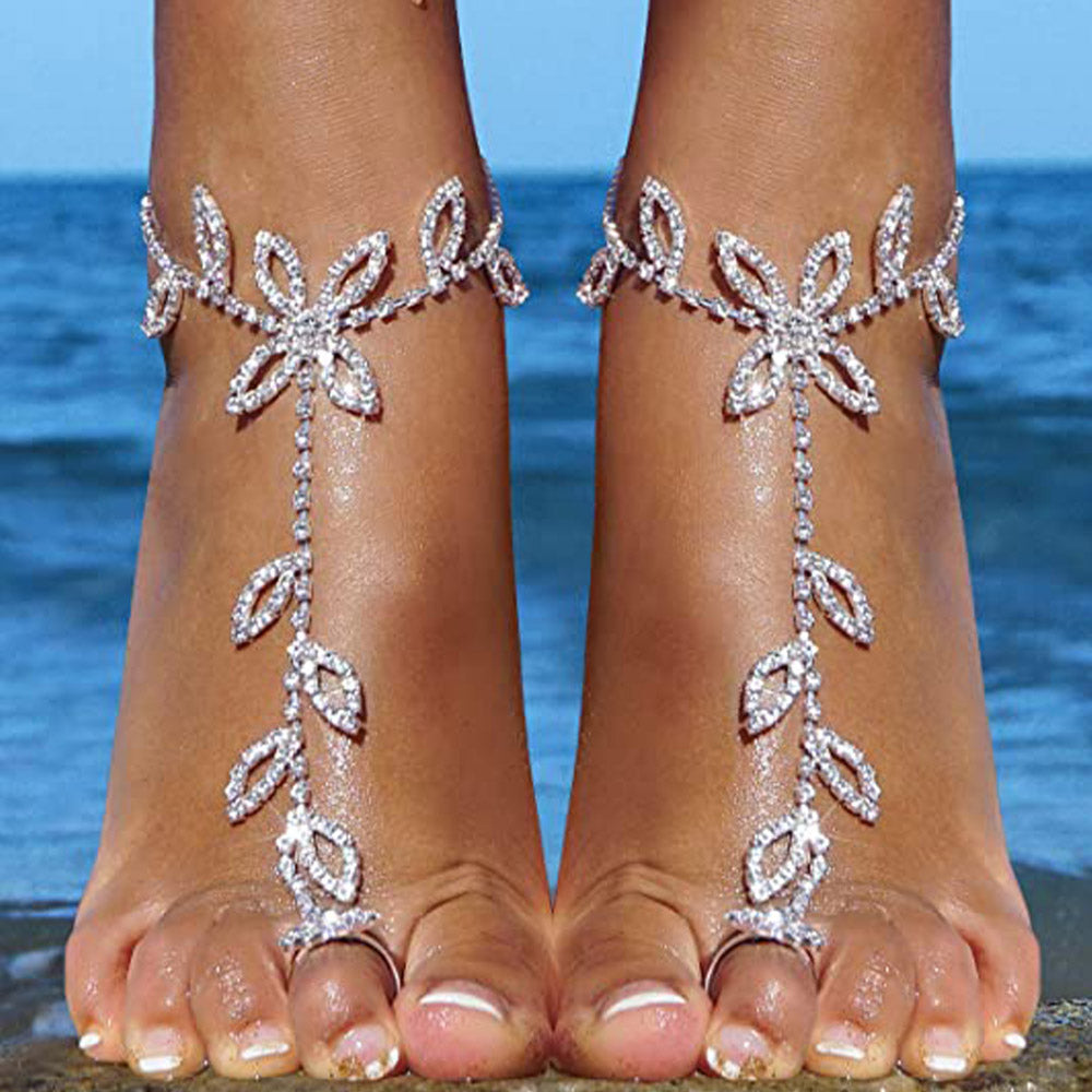 2Pcs Set Rhinestone Leaf Finger Anklet for Women Leaf Harness Anklet