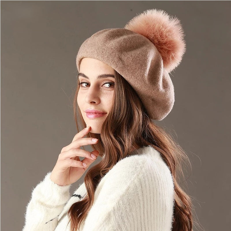 Beret Hat Women Winter Knitted Wool Cap Pompom Hat Solid Color