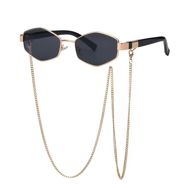 Trendy Retro Hexagon With Chain Sunglasses Women Polygon Sun Glasses