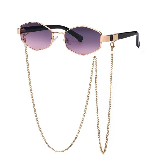 Trendy Retro Hexagon With Chain Sunglasses Women Polygon Sun Glasses