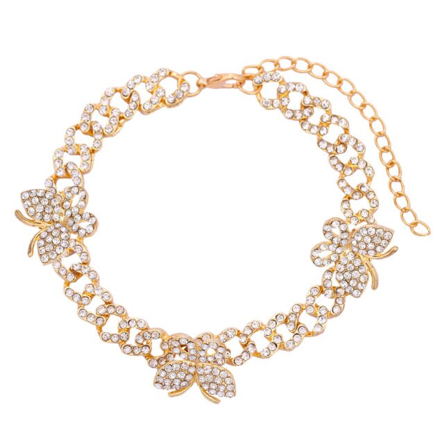 Rhinestone Cuban Link Butterfly Anklet Bracelet for Women Anklets