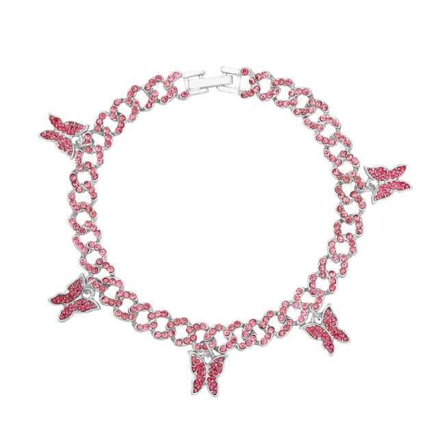 Rhinestone Cuban Link Butterfly Anklet Bracelet for Women Anklets