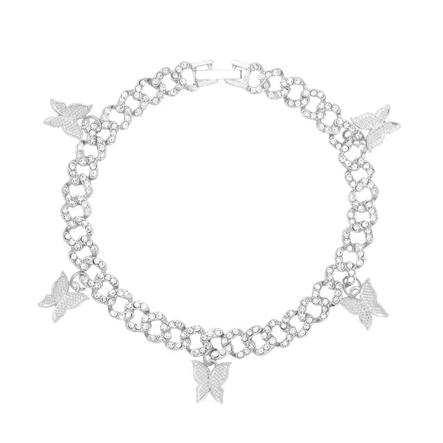 Rhinestone Cuban Link Butterfly Anklet Bracelet for Women Anklets