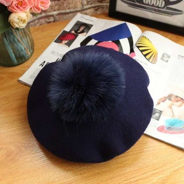 Beret Hat Women Winter Knitted Wool Cap Pompom Hat Solid Color