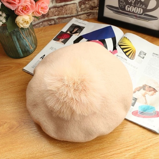 Beret Hat Women Winter Knitted Wool Cap Pompom Hat Solid Color