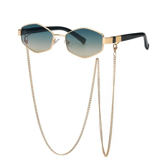 Trendy Retro Hexagon With Chain Sunglasses Women Polygon Sun Glasses