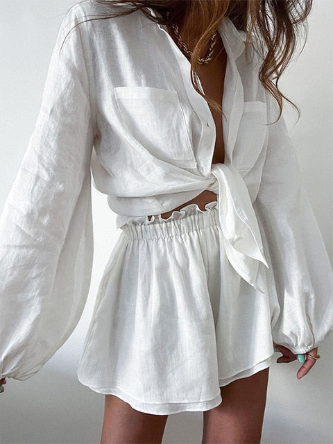 Women Spring Summer Bohemian Short Sets Solid White Loose Fit Outfits