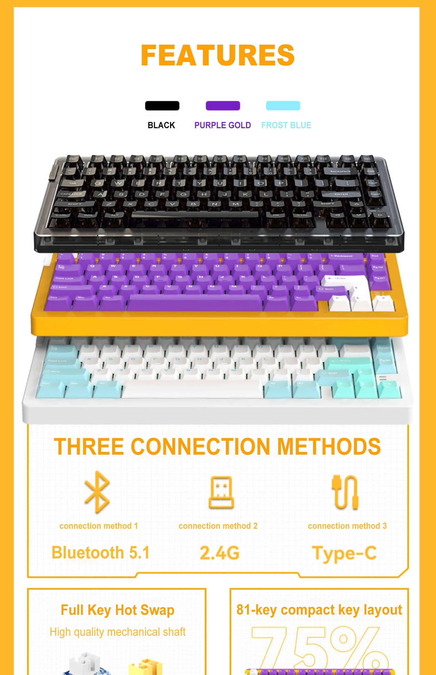 DAREU A81 PURPLE GOLD 81-Key GASKET Type-C Wired Mechanical Keyboard ft. Purple Gold Pro/Sky V3/JWK Durock Switches, N-Key Rollover & PBT Two-Color/PC Transparent Keycaps