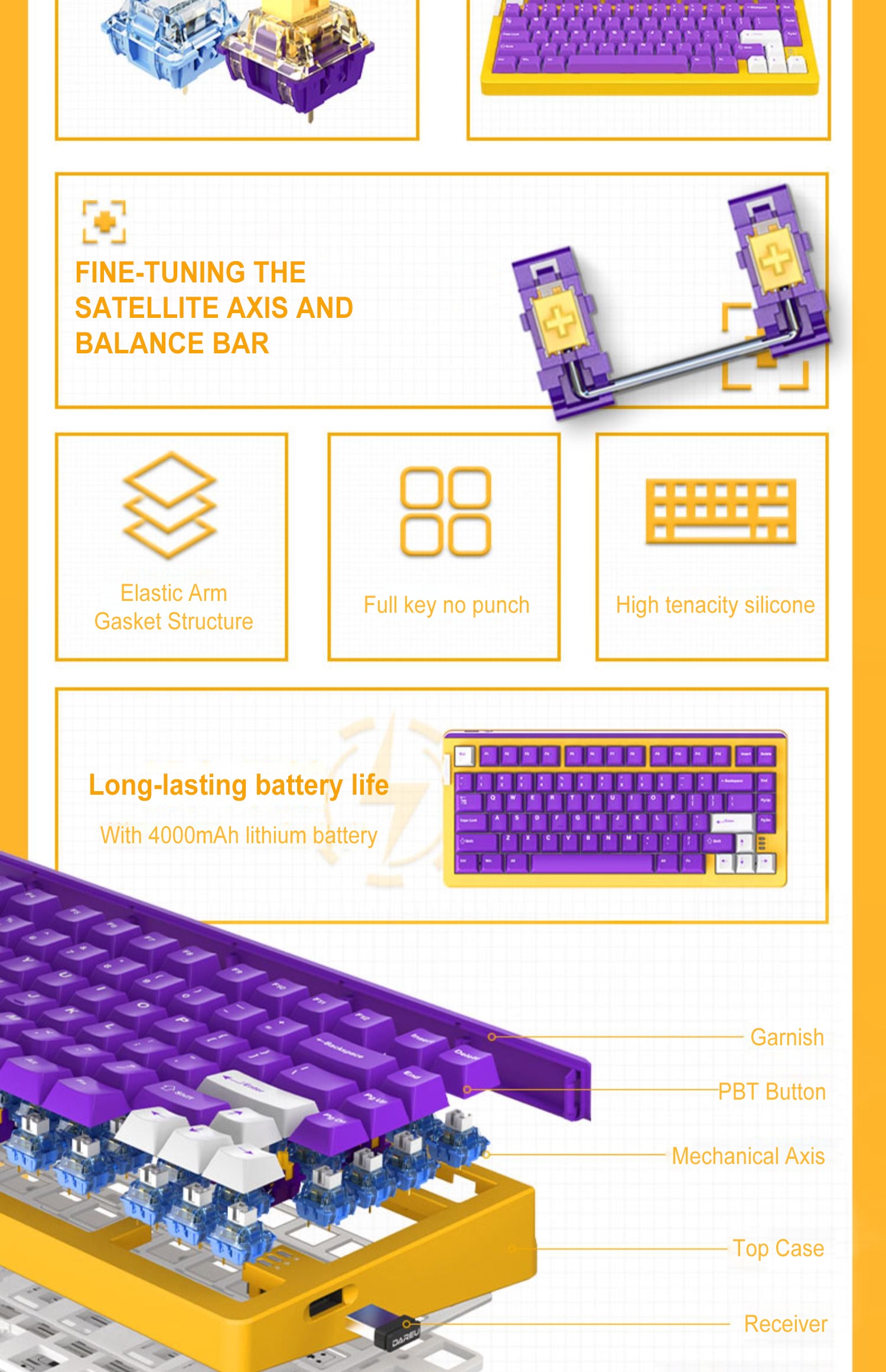 DAREU A81 PURPLE GOLD 81-Key GASKET Type-C Wired Mechanical Keyboard ft. Purple Gold Pro/Sky V3/JWK Durock Switches, N-Key Rollover & PBT Two-Color/PC Transparent Keycaps