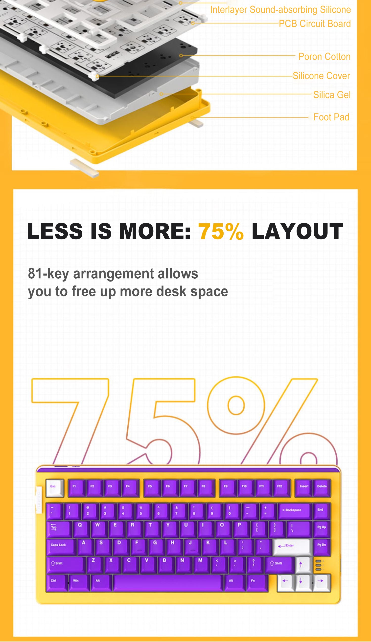 DAREU A81 PURPLE GOLD 81-Key GASKET Type-C Wired Mechanical Keyboard ft. Purple Gold Pro/Sky V3/JWK Durock Switches, N-Key Rollover & PBT Two-Color/PC Transparent Keycaps