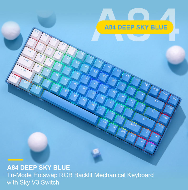 DAREU A84 Deep Sky Blue Tri-Mode Connection 100% Hotswap RGB LED Backlit Mechanical Gaming Keyboard with Sky V3 Switch
