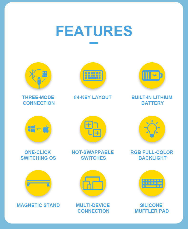 DAREU A84 Deep Sky Blue Tri-Mode Connection 100% Hotswap RGB LED Backlit Mechanical Gaming Keyboard with Sky V3 Switch