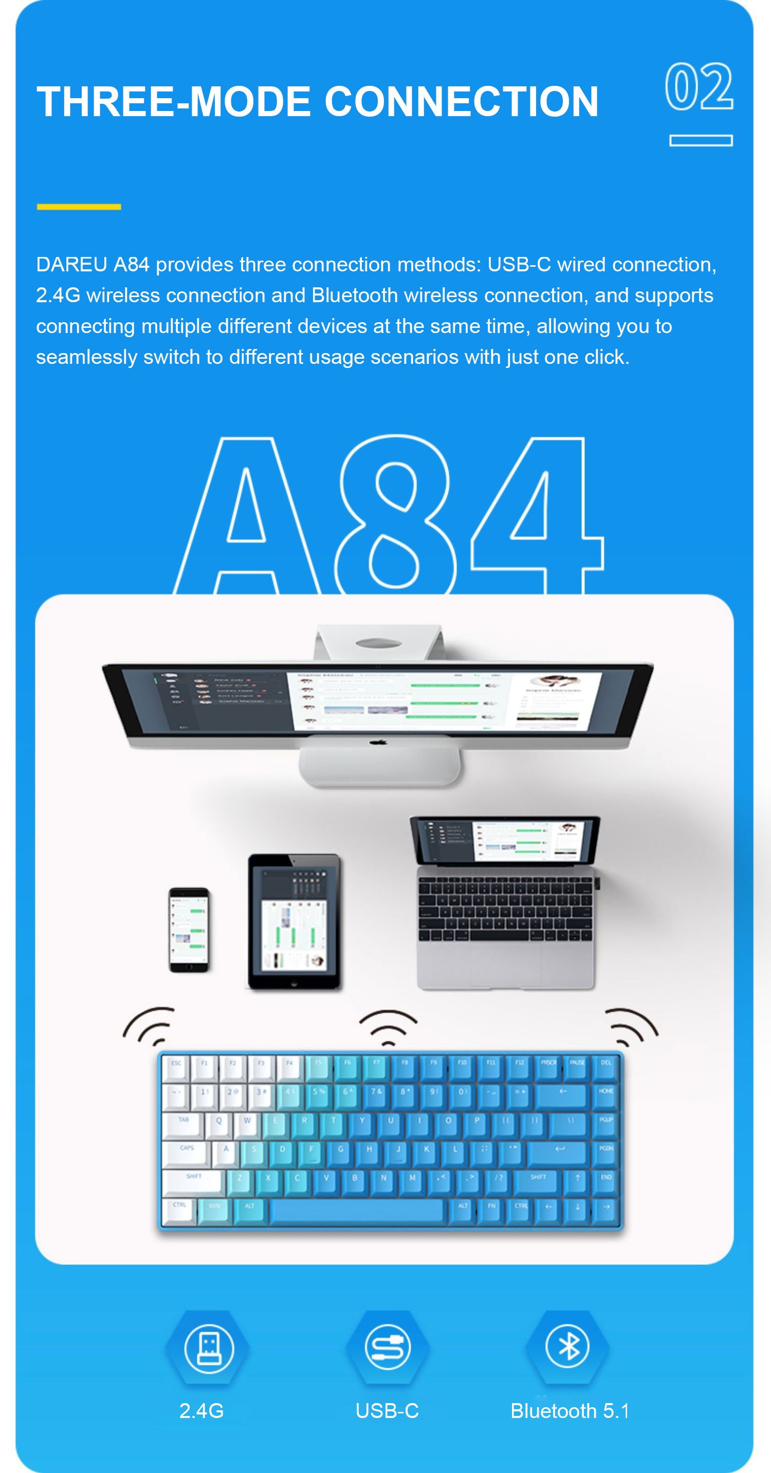 DAREU A84 Deep Sky Blue Tri-Mode Connection 100% Hotswap RGB LED Backlit Mechanical Gaming Keyboard with Sky V3 Switch