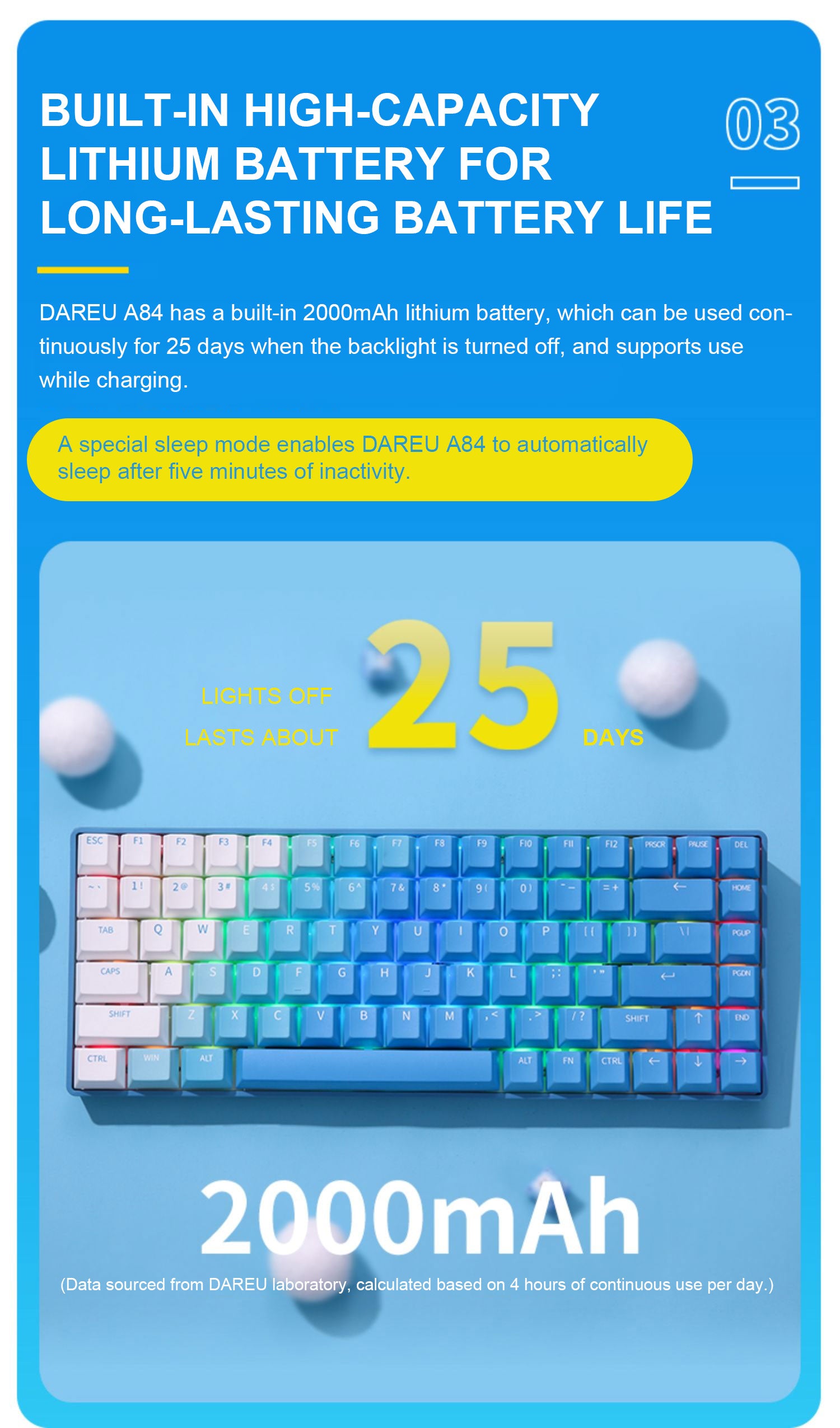 DAREU A84 Deep Sky Blue Tri-Mode Connection 100% Hotswap RGB LED Backlit Mechanical Gaming Keyboard with Sky V3 Switch