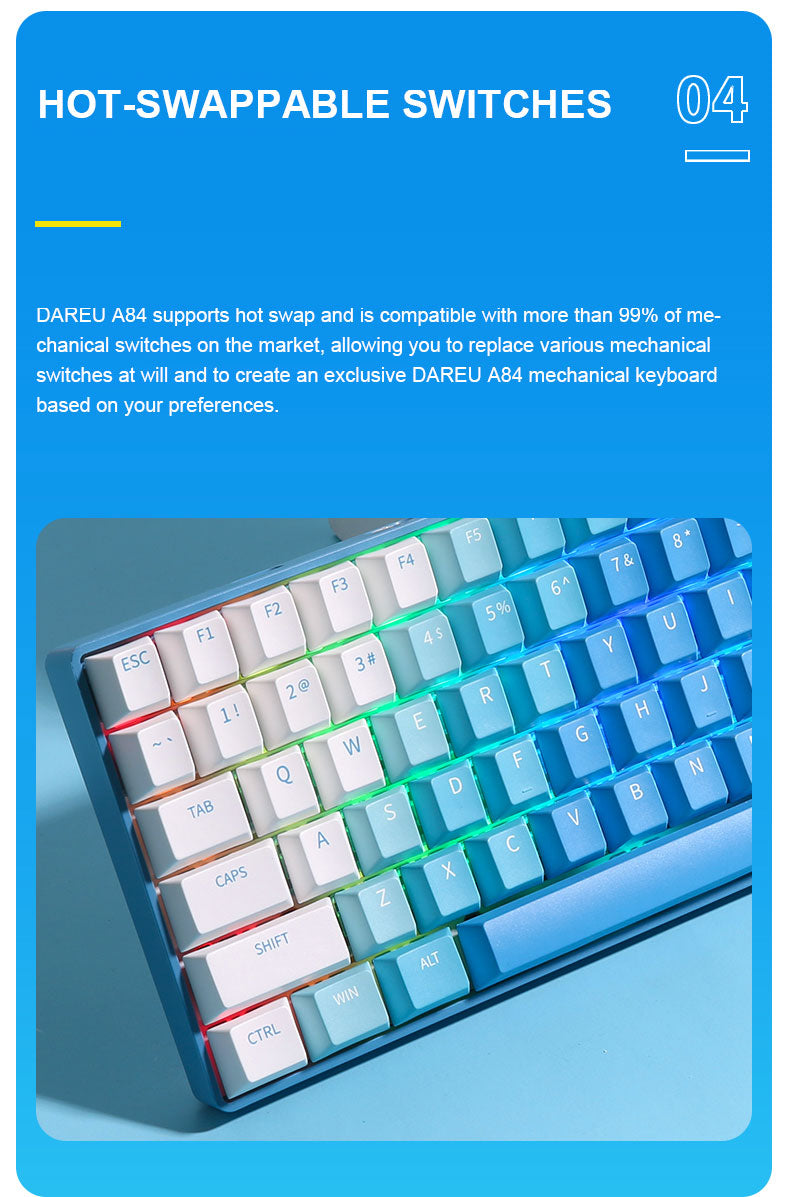 DAREU A84 Deep Sky Blue Tri-Mode Connection 100% Hotswap RGB LED Backlit Mechanical Gaming Keyboard with Sky V3 Switch