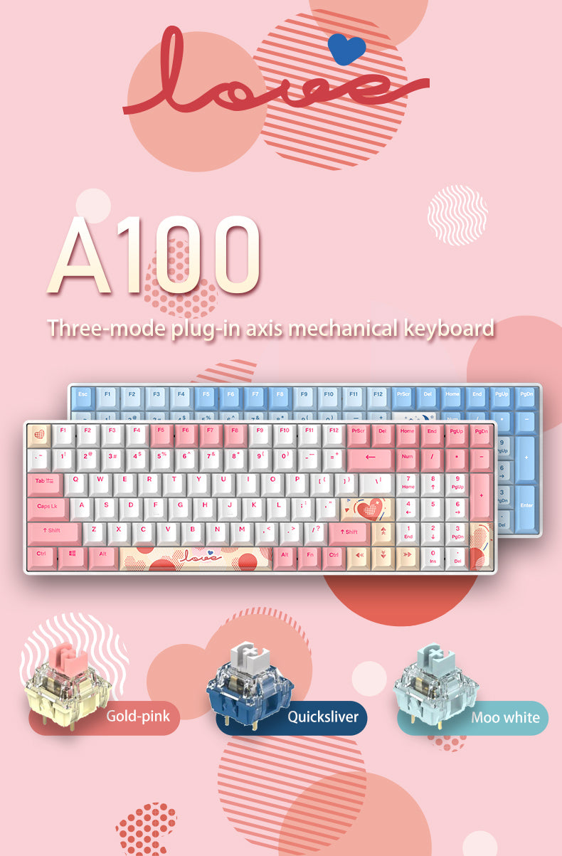 DAREU A100 Tri-Mode Connection 100% Hot-Swap RGB LED Backlit Mechanical Gaming Keyboard with TTC Gold-Pink Switch and PBT Keycaps
