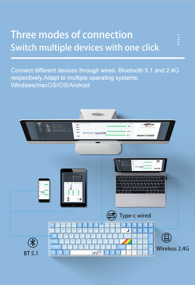 DAREU A100 Tri-Mode Connection 100% Hot-Swap RGB LED Backlit Mechanical Gaming Keyboard with TTC Gold-Pink Switch and PBT Keycaps