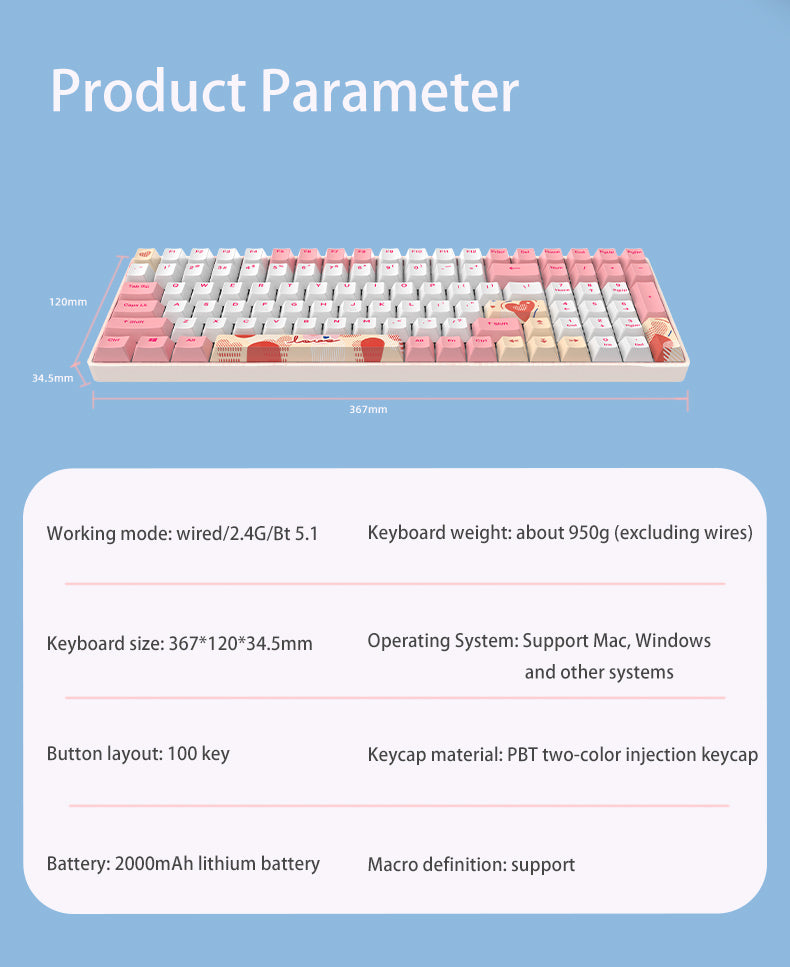 DAREU A100 Tri-Mode Connection 100% Hot-Swap RGB LED Backlit Mechanical Gaming Keyboard with TTC Gold-Pink Switch and PBT Keycaps
