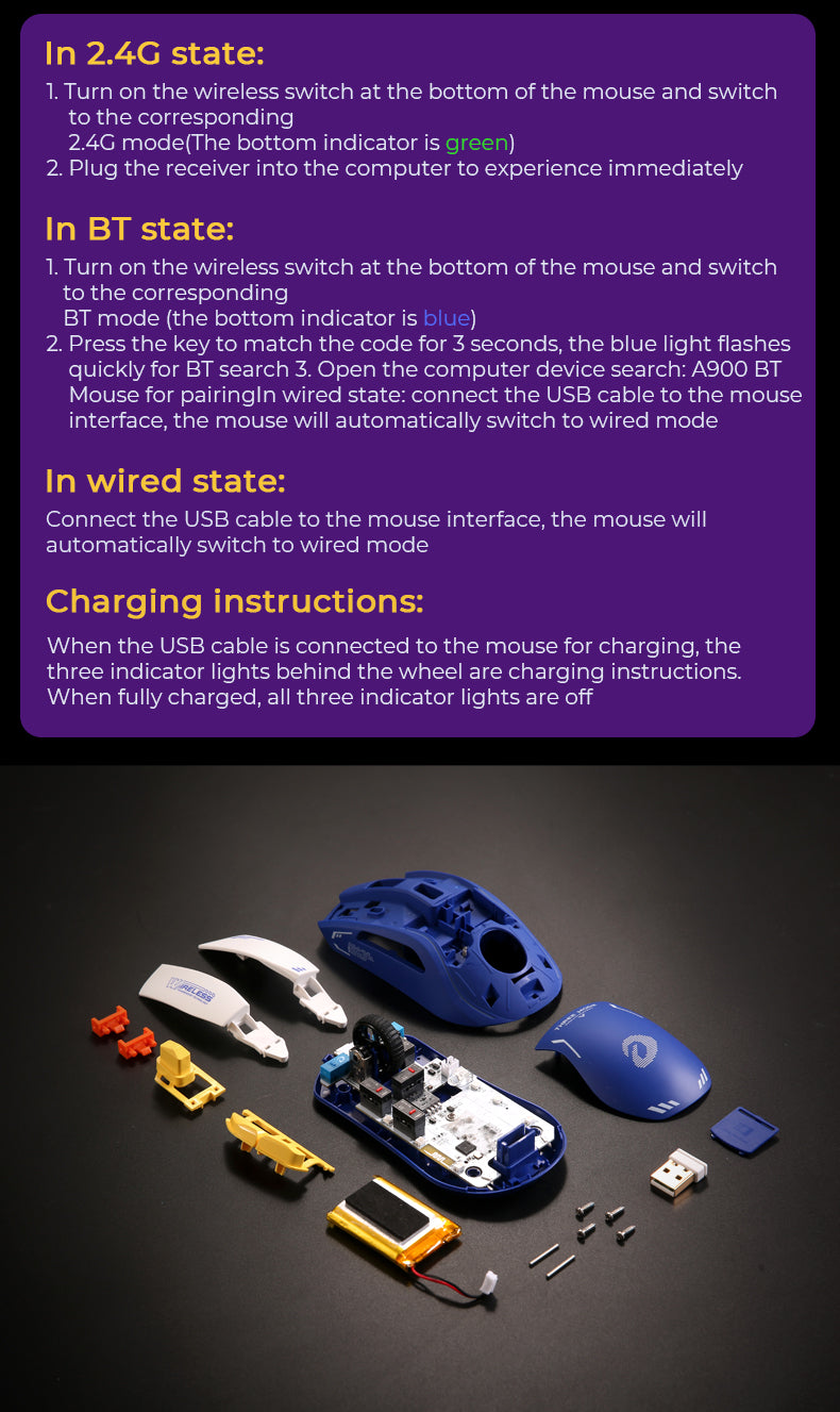 DAREU A950 Tri-Mode 88g Lightweight Wireless Gaming Mouse ft. AIM-WL Optical Sensor, KBS 3.0 Button & Charging Base