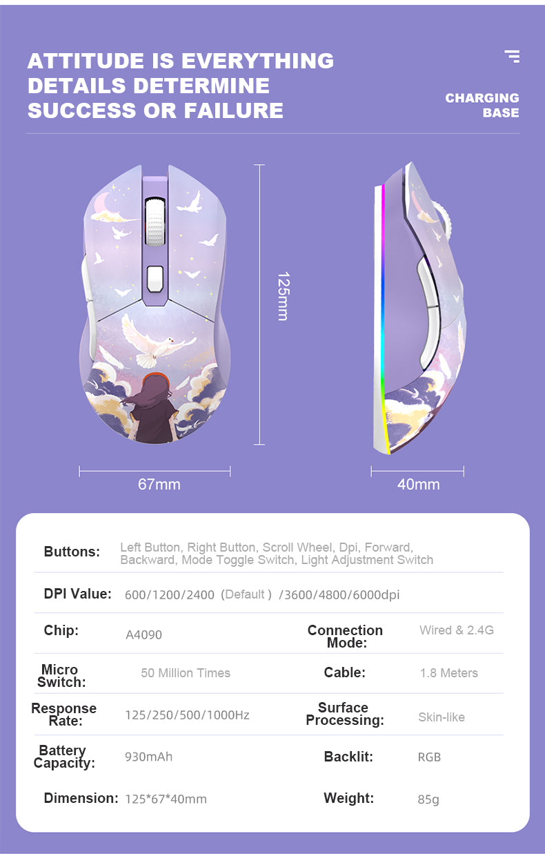 DAREU EM901 GEMINI Lightweight Dual-Mode RGB Backlit Gaming Mouse ft. DREAM Design with 7 Programmable Buttons and Charging Base